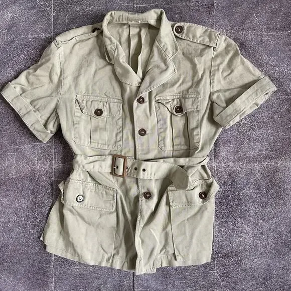 Women's Vintage 70's Original Light Sage Belted Short Sleeved Safari Jacket Sz L - Picture 1 of 4